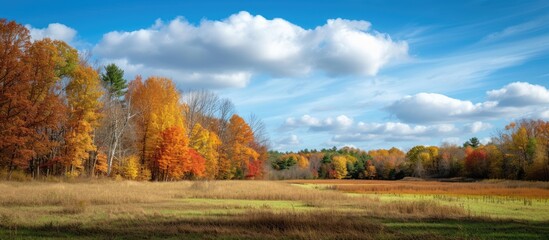 Obraz premium A field with various trees, under a blue sky, transformed into a picturesque fall colored forest landscape.