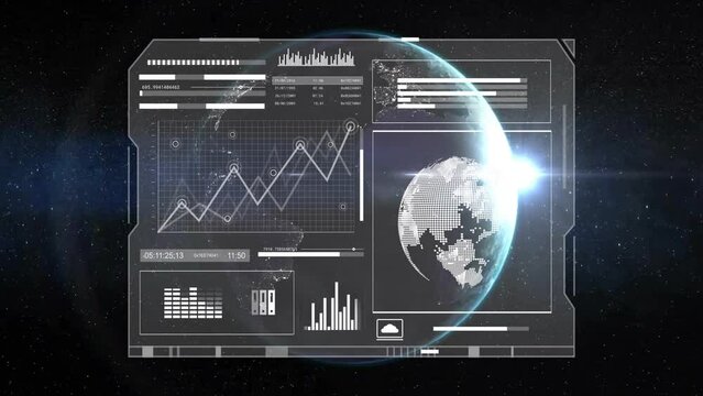 Animation of digital data processing over globe on black background