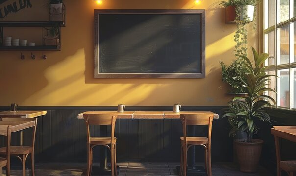 Empty wooden signboard on a wooden table in a cafe or restaurant