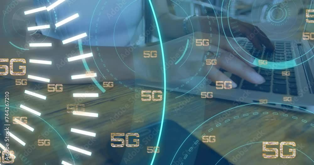Poster animation of 5g text and digital data processing using laptop