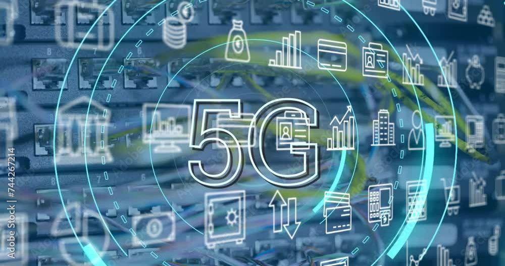 Poster animation of 5g text, digital data processing over computer servers