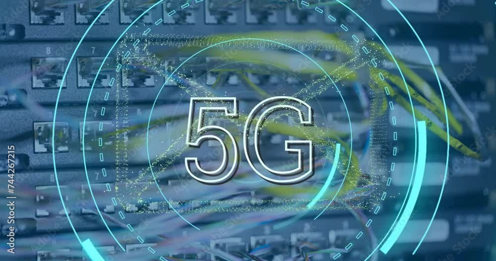 Poster animation of 5g text, digital data processing over computer servers
