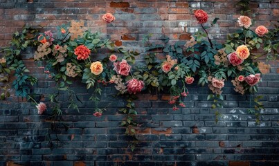 Brick wall with colorful graffiti and flowers. Grunge background