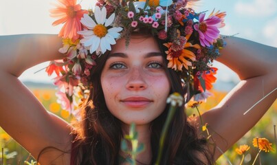 Beautiful young woman in a wreath of flowers on her head
