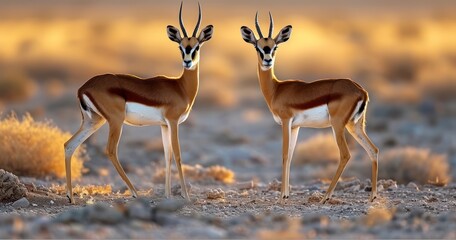 The Elegant Posture of Springbok Antelopes in Evening Backlight on an African Safari - obrazy, fototapety, plakaty