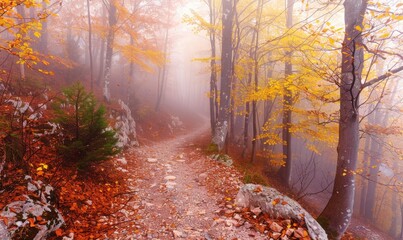 Autumn forest in the fog. The path in the autumn forest