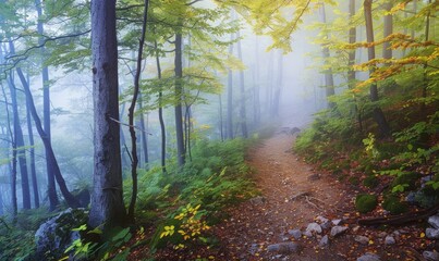 Autumn beech forest in foggy morning. Natural landscape.
