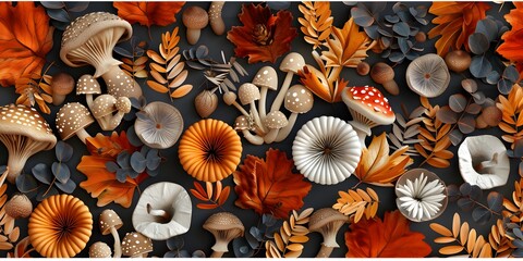 Autumn seamless pattern with mushrooms, plants. natural trendy print, сloth pattern. Autumn print. 3d illustration