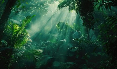 Tropical rainforest with sunbeams and rays of light