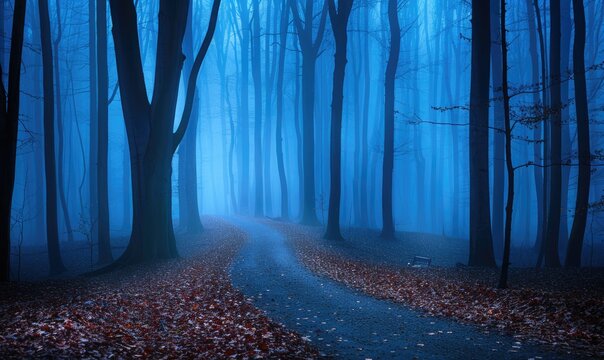 Mysterious dark forest with fog and footpath