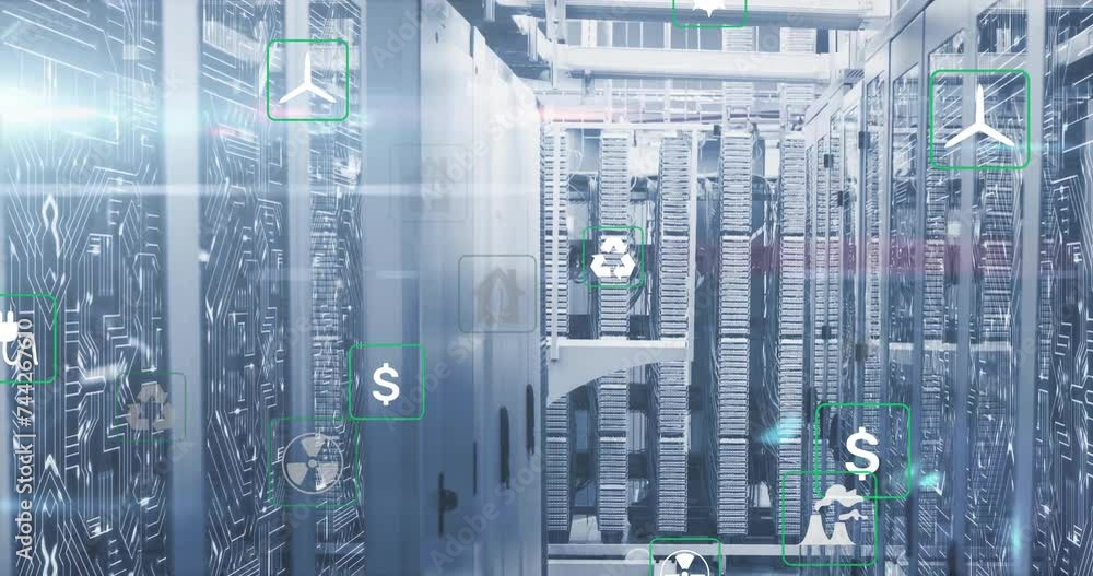 Aufkleber animation of eco icons and digital data processing over computer servers