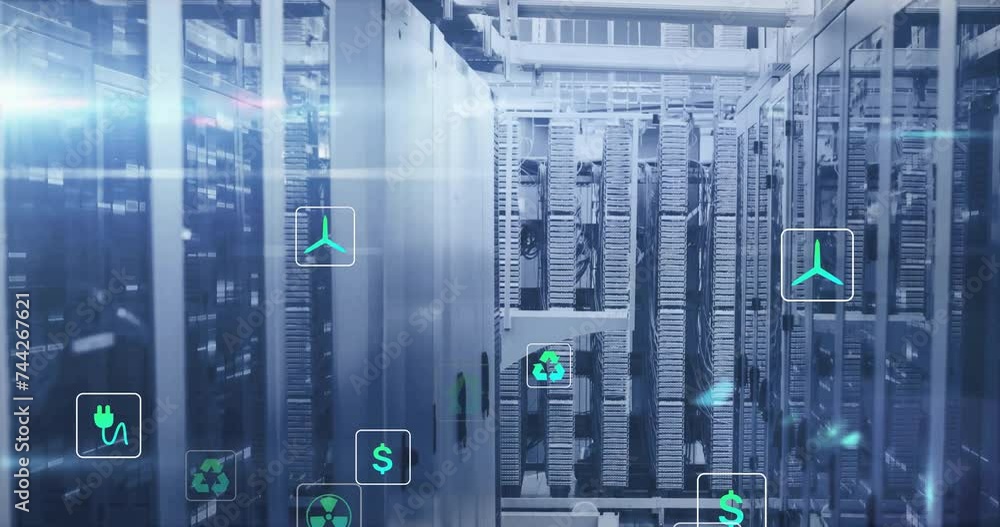 Poster animation of eco icons and digital data processing over computer servers