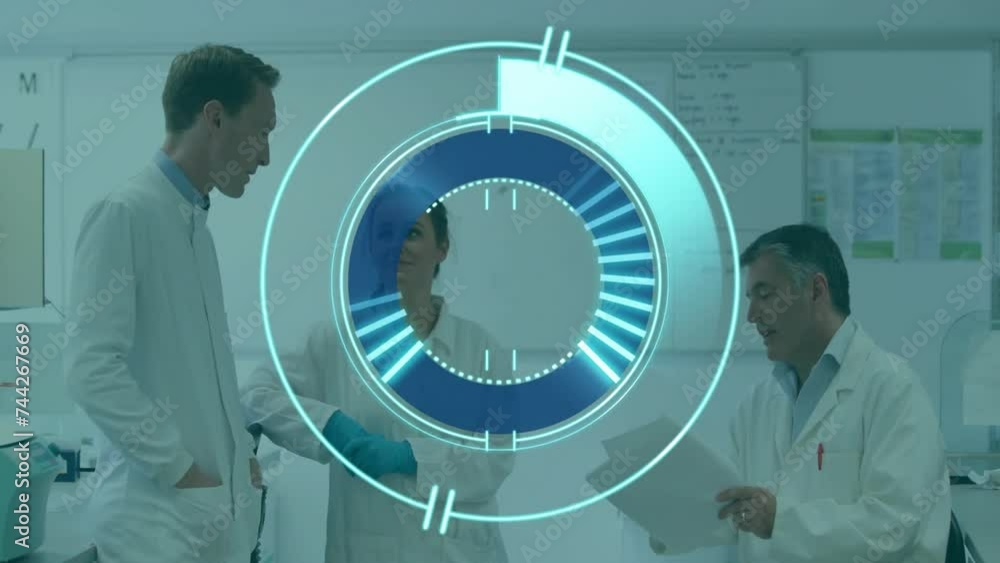Poster Animation of scope and data processing over diverse scientists in laboratory