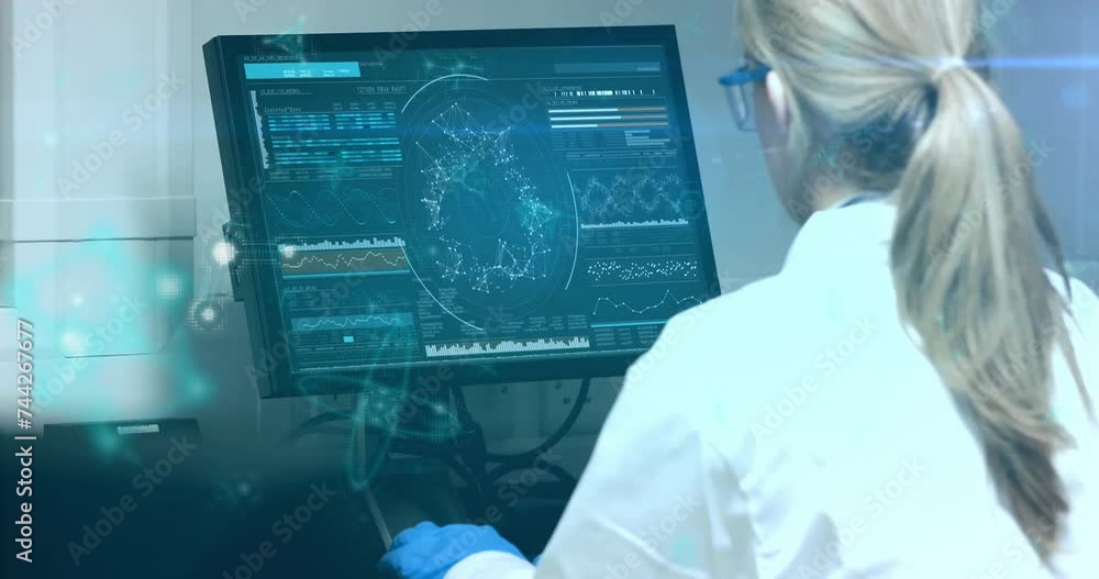 Poster animation of data processing over caucasian female scientist using computer in laboratory