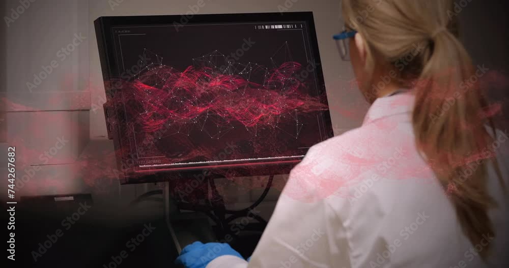 Poster animation of data processing over caucasian female scientist using computer in laboratory