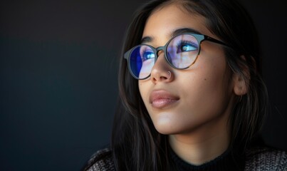 Naklejka premium Portrait of a beautiful young woman with long hair and glasses.