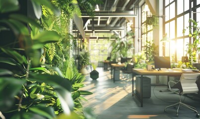 Modern office interior with furniture and plants. Blurred background - obrazy, fototapety, plakaty
