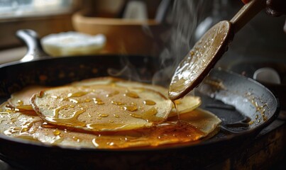Pancakes with honey on a black plate, close-up
