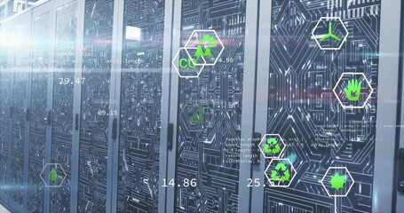 Animation of eco icons and digital data processing over computer servers - Powered by Adobe