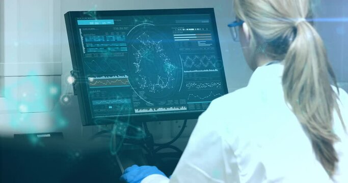 Animation of data processing over caucasian female scientist using computer in laboratory