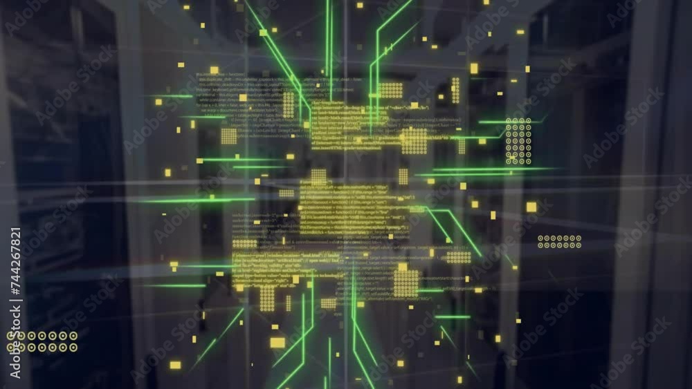 Poster animation of circuit board and digital data processing over computer servers