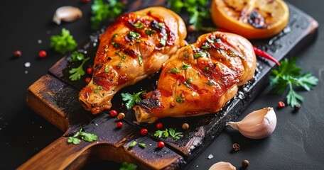 Savory Grilled Chicken Hips with Garlic Pepper, Artfully Presented on a Black Chopping Board