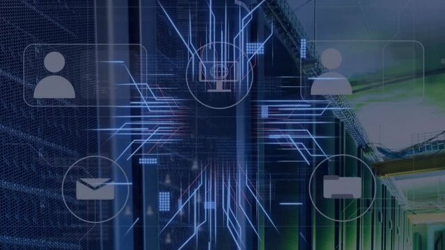 Animation of circuit board and digital data processing over computer servers