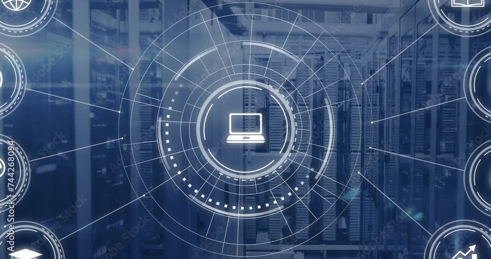 Poster animation of network of connections with icons and data processing over computer servers