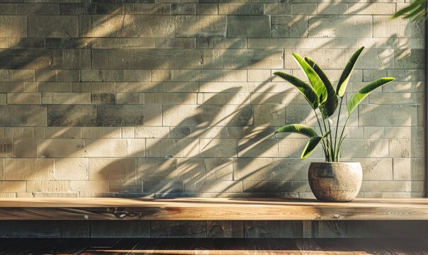 minimalistic interior of room with a brick wall and a plant