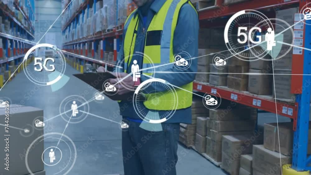Poster animation of network of connections with icons over caucasian man working in warehouse