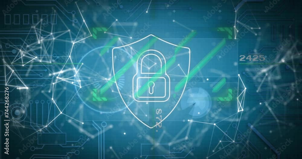 Poster animation of padlock icon, network of connections and data processing
