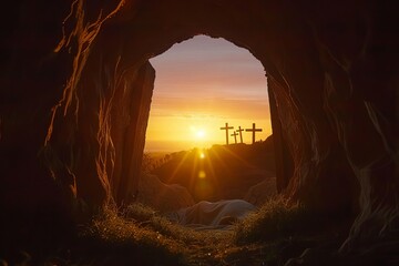 Resurrection scene with an open Illuminated tomb against a dawn sky Empty with a silhouette of three crosses in the distance