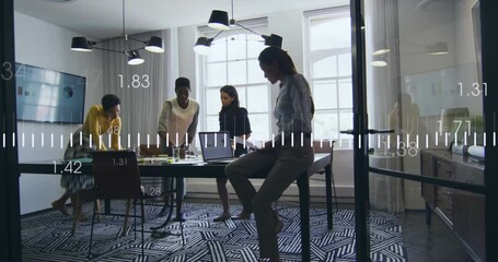 Animation of financial data processing over diverse business people in office - Powered by Adobe