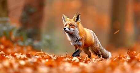 Capturing the Grace of a Red Fox Running Amongst Autumn's Vibrant Foliage