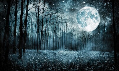 Mysterious dark forest with stars in the sky. Night forest with full moon and stars in the sky. 