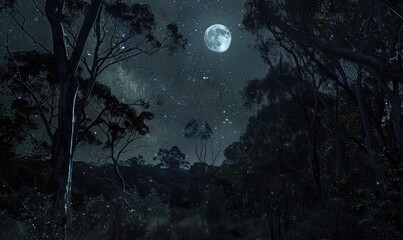 Mysterious dark forest with stars in the sky. Night forest with full moon and stars in the sky. 