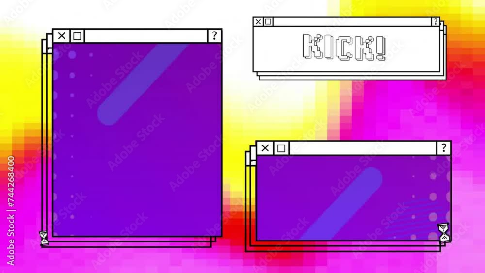 Poster animation of kick text over computer screens and vibrant background