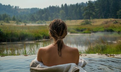 A young woman is relaxing in the lake. Back view