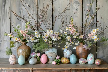 Obraz na płótnie Canvas Rustic wooden table adorned with a cascade of spring flowers and a collection of uniquely decorated easter eggs.