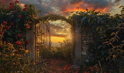 Sunset through the gate of a rose garden with blooming flowers