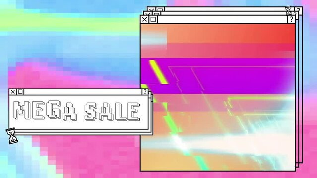 Animation of mega sale text over computer screens and vibrant background