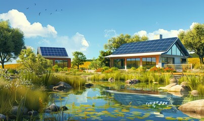 Obraz premium House with solar panels in the garden. The concept of renewable energy.