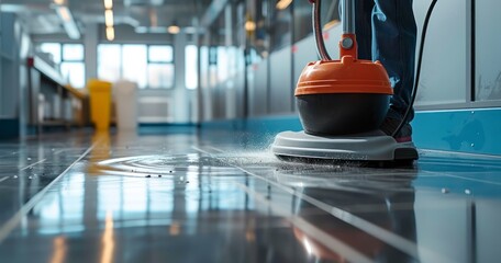 The Process of Washing an Office Floor with a Specialized Machine