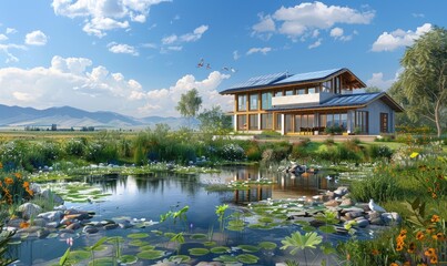 Fototapeta premium cottage with solar panels in a lake.