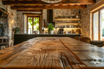 Rustic wooden table with a blurred background of a cozy Modern kitchen Perfect for showcasing culinary creations or product advertisements
