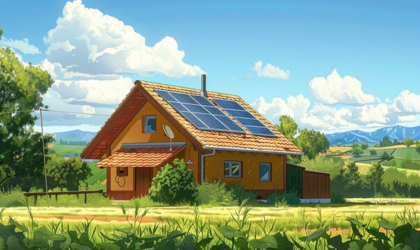 Solar panels on the roof of a country house. Illustration.