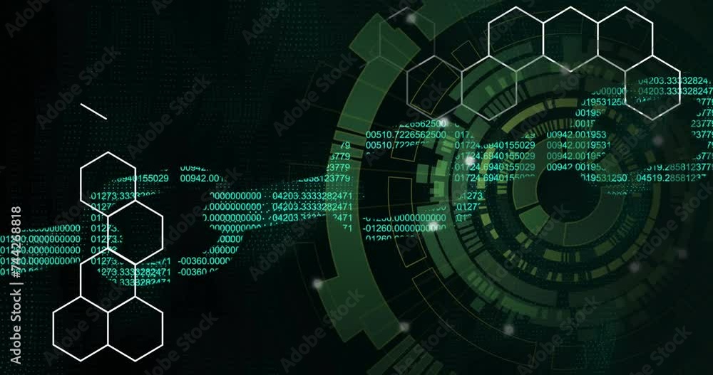 Poster animation of chain of binary coding over scope scanning and shapes