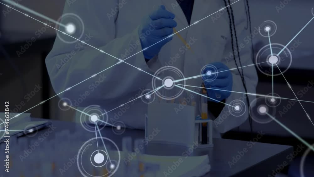 Poster animation of network of connections over caucasian scientist taking sample