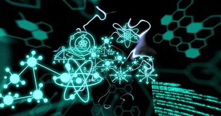 Animation of data processing over mathematical equations and figures