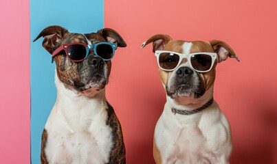 Two dogs with sunglasses on pink and blue background. Studio shot.